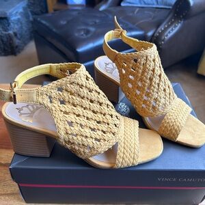FERGALICIOUS - Womens Yellow Woven Braided Viv Square Toe Block Heel Sandals.